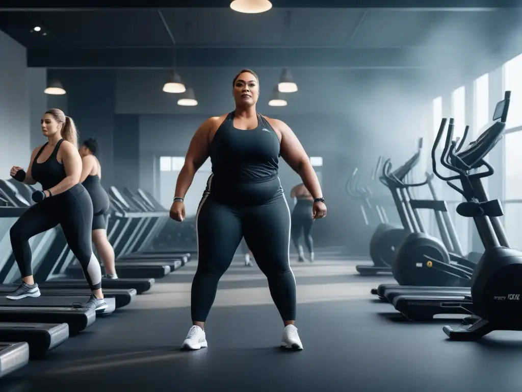 Entrenamiento inclusivo: plussize en un gimnasio moderno y vibrante Un ambiente inclusivo y motivador en un gimnasio moderno donde personas de talla grande entrenan juntas
