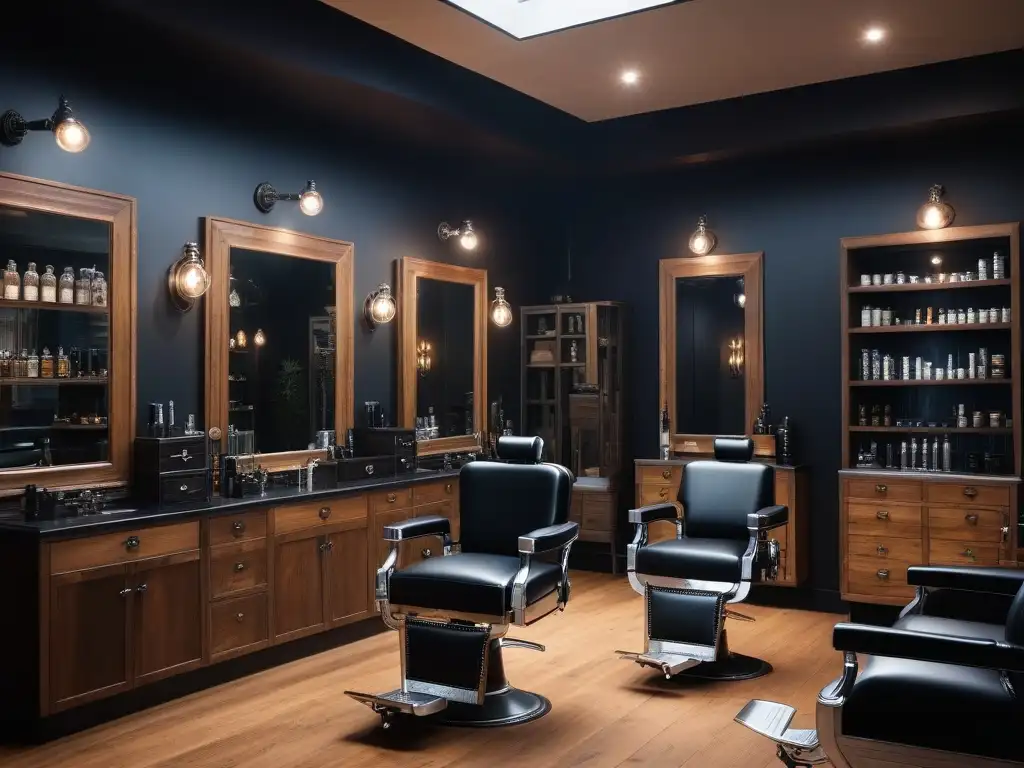 Elegante barbershop masculino: corte de cabello de lujo Un ambiente de lujo y sofisticación en un barbershop moderno, con tratamientos de belleza para hombres modernos