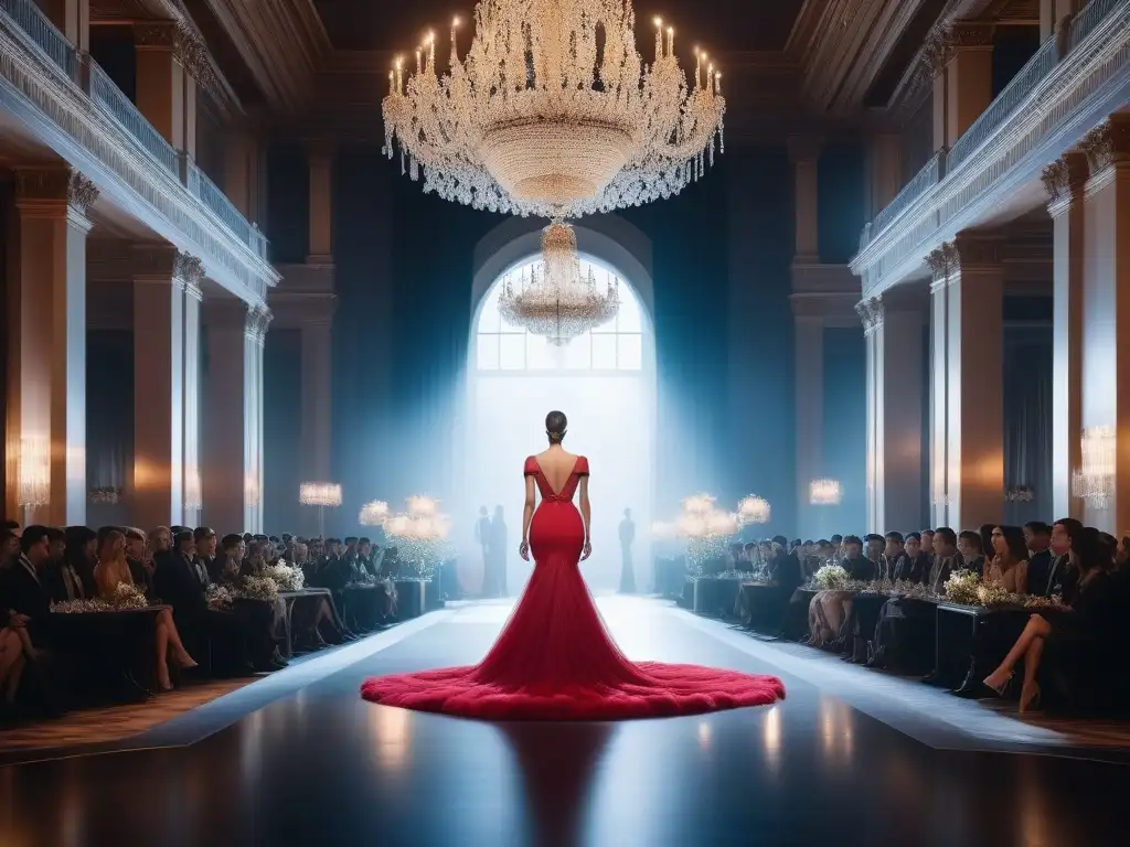 Desfile de moda exclusivo en elegante salón de eventos Ambiente lujoso y exclusivo en un evento de moda para marcas con glamorosos asistentes y desfile de modelos