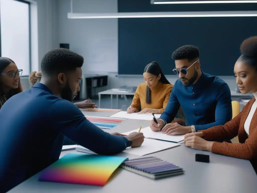 Diseño de moda inclusivo: estudiantes colaborando en aula moderna Un ambiente moderno y vibrante con estudiantes de diseño de moda colaborando, creando un entorno inclusivo