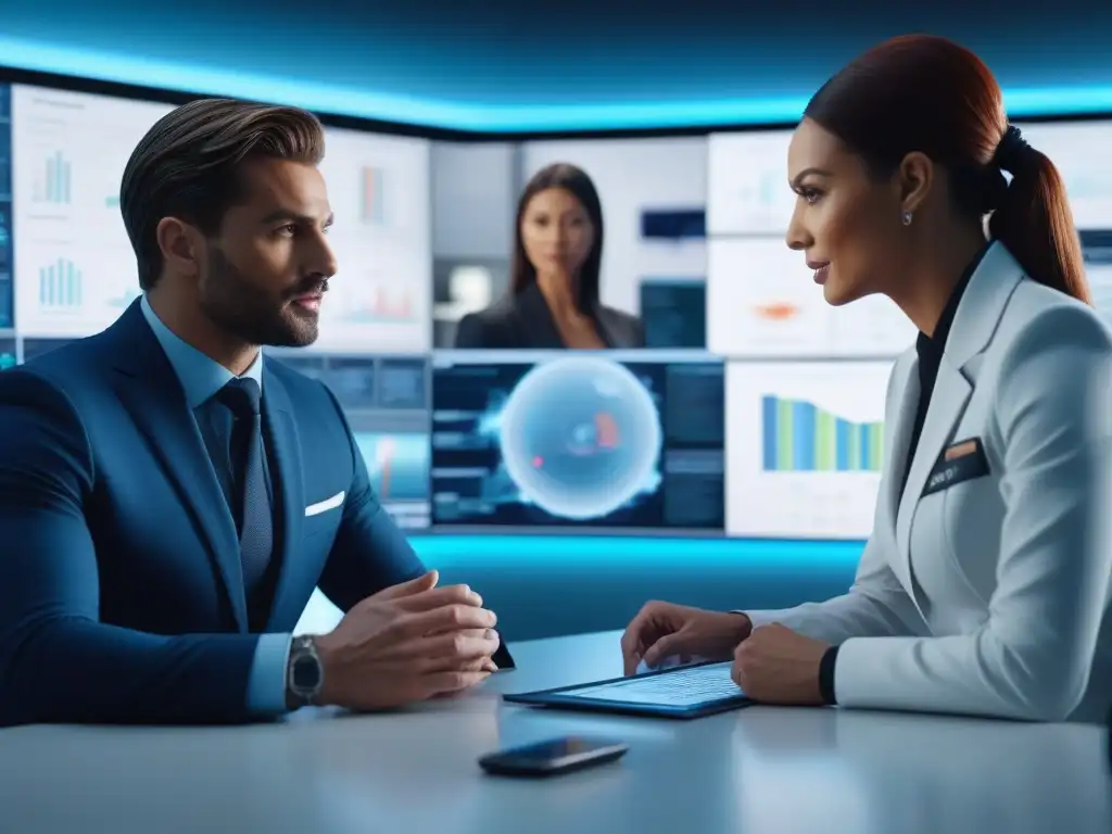 Oficina futurista: Profesionales en equilibrio hormonal Un ambiente de oficina futurista y dinámico, con profesionales discutiendo entre pantallas digitales y equipo de alta tecnología