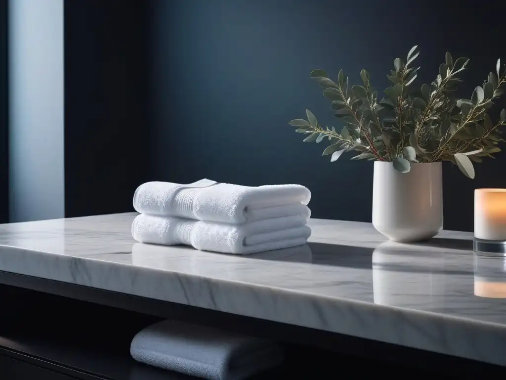 Spa de lujo: serenidad y sofisticación con tratamientos rejuvenecedores Ambiente sereno de spa con toallas blancas, dispositivo moderno y ramas de eucalipto