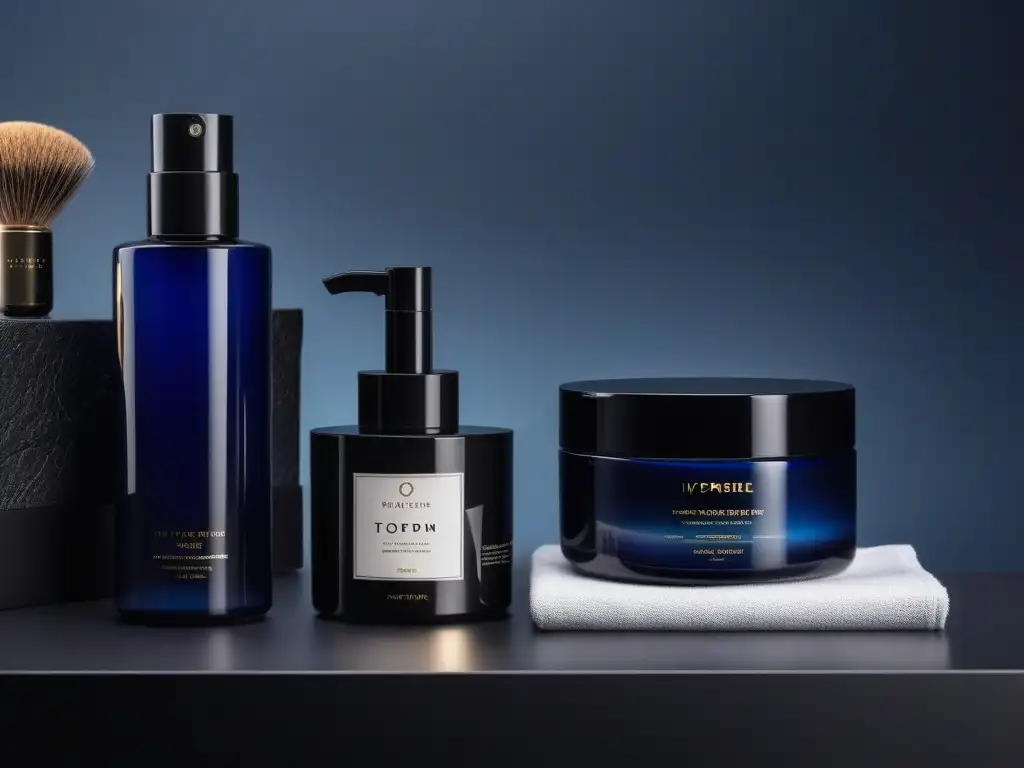 Productos de cuidado masculino de lujo en elegante tocador de baño Un ambiente sofisticado con productos belleza alta gama hombres en un elegante mostrador de baño moderno
