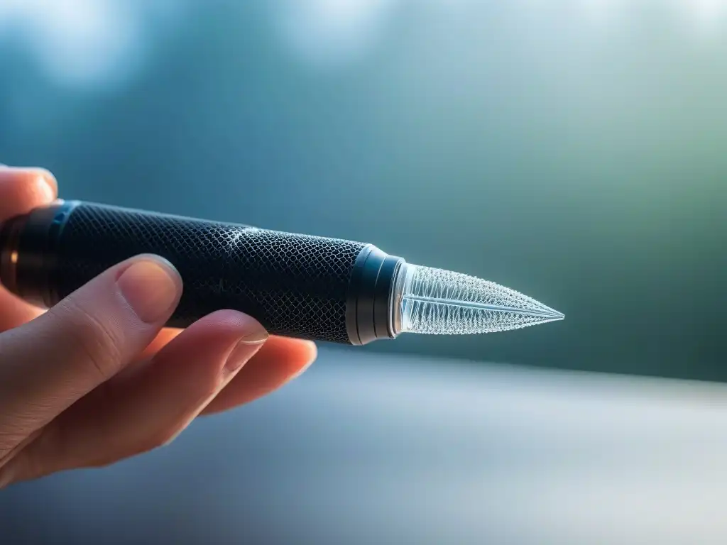 Pen microneedling: rejuvenecimiento en detalle Un ambiente de spa moderno y relajante con una mano sosteniendo un elegante bolígrafo microneedling futurista