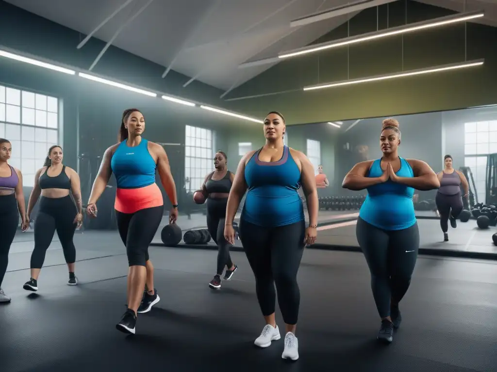 Entrenamiento inclusivo y empoderador para todas las tallas Un ambiente vibrante de entrenamiento plus size inclusivo y efectivo en un gimnasio moderno y lleno de energía
