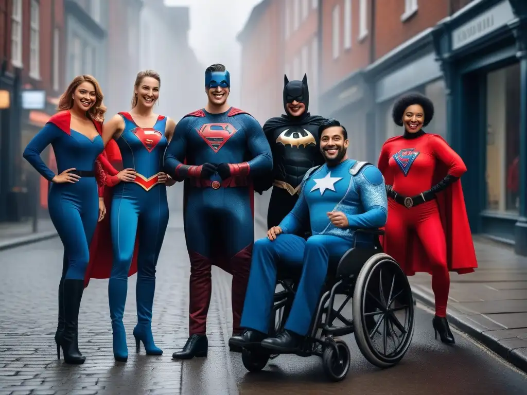 Diversión inclusiva en Halloween: amigos con disfraces únicos y creativos Amigos disfrutando de disfraces inclusivos para Halloween en la ciudad
