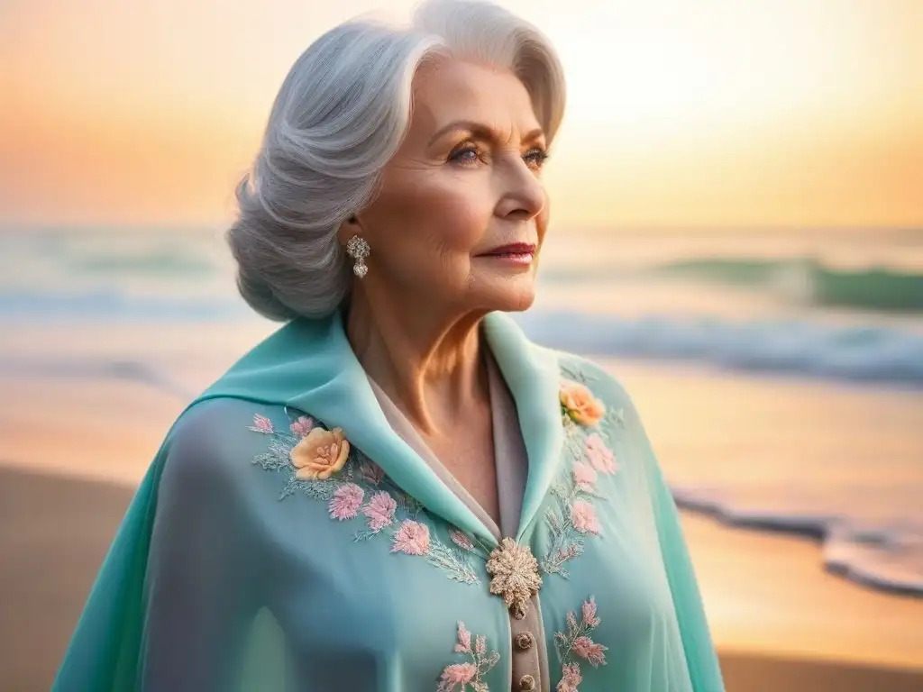 Una anciana con elegante cabello plateado y capa de chiffon pastel, en un atardecer vibrante en la playa