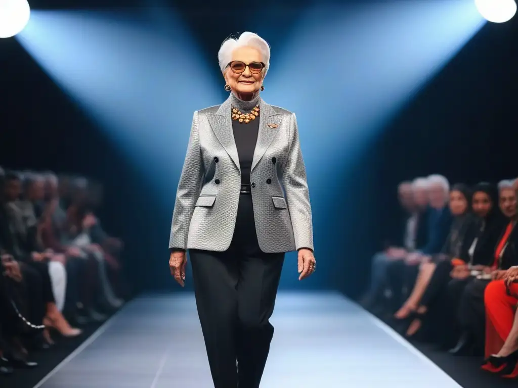 Desfile de moda inclusivo para seniors con estilo adaptado Una anciana elegante desfila con seguridad en una pasarela, combinando moda moderna con practicidad para seniors