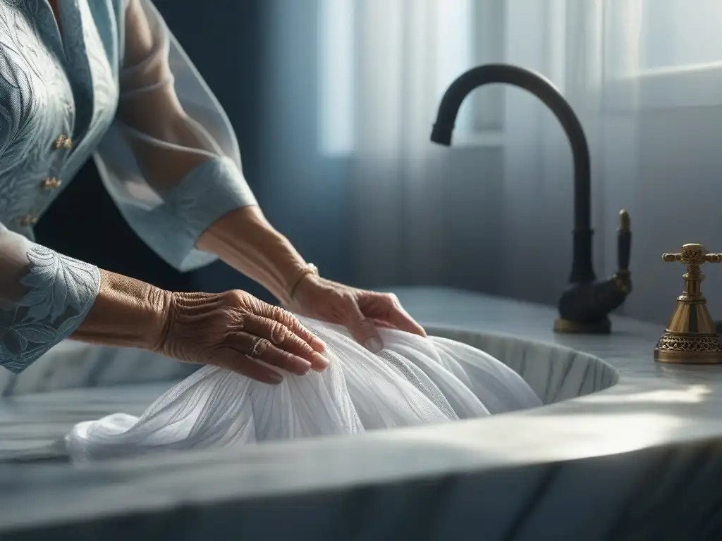 Delicada atención: mujer mayor lavando blusa de seda en mármol Una anciana cuidadosamente lava a mano una blusa de seda en un fregadero de mármol, destacando la importancia de telas adecuadas ropa seniors