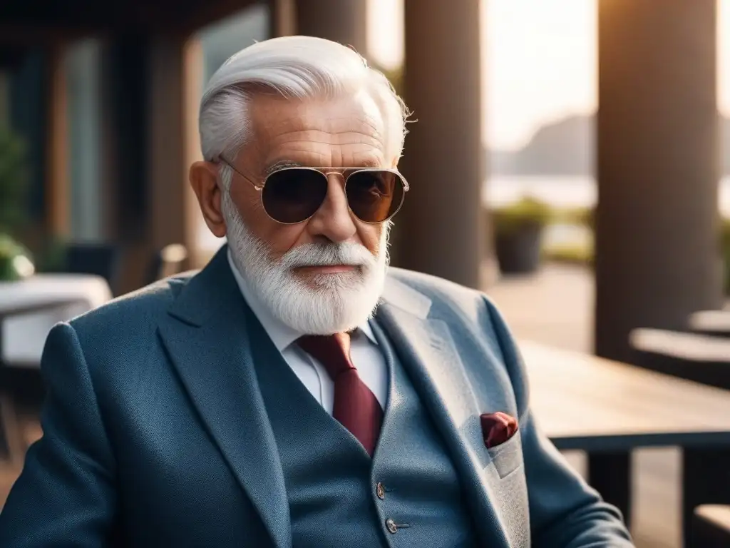 Sunglasses para seniors: estilo y protección al atardecer Un anciano elegante con gafas de sol para seniors, disfrutando del atardecer con estilo y confianza en su patio exterior