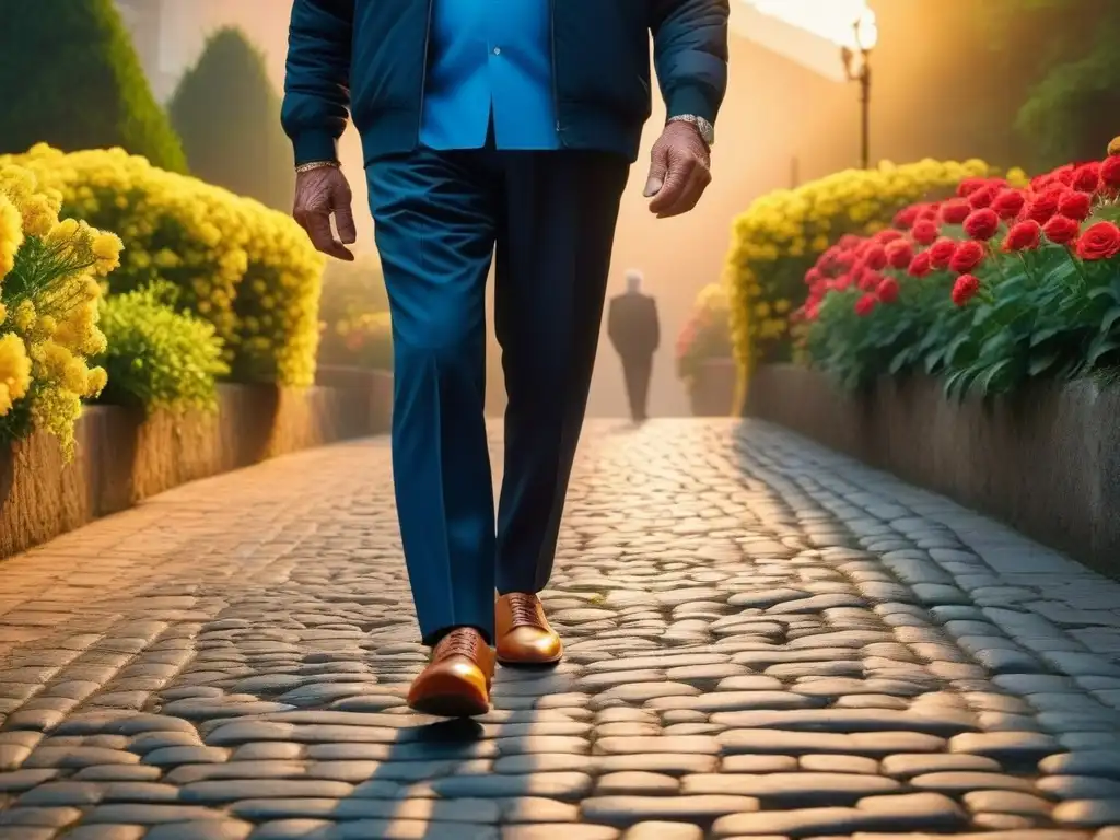 Paseo seguro y elegante: calzado moderno para adultos mayores Un anciano con zapatos adecuados para seniors camina confiado entre flores al atardecer