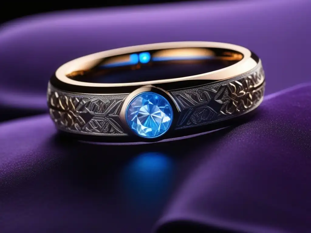 Anillo inteligente futurista de lujo: tecnología y moda Un anillo inteligente futurista y lujoso con detalles intrincados, luces LED brillantes y gemas, sobre un cojín de terciopelo