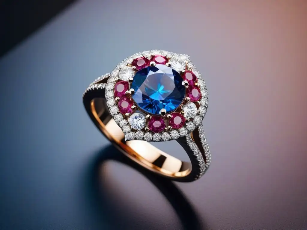 Anillo moderno de oro blanco con gemas multicolores Un anillo moderno de oro blanco con gemas coloridas, reflejando lujo y diversidad
