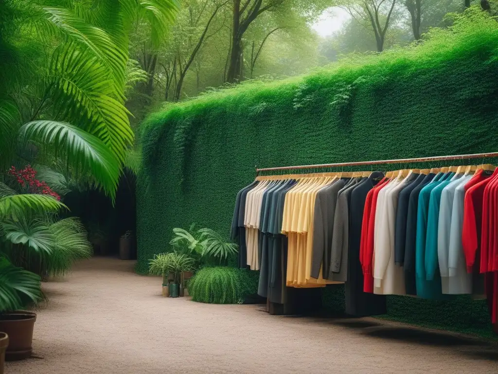 Intercambio de Ropa Sostenible: Comunidad, Moda y Ecoconciencia Un animado evento de intercambio de ropa en un ambiente urbano chic, con personas diversas intercambiando prendas alegremente, rodeados de vegetación exuberante y carteles de moda sostenible