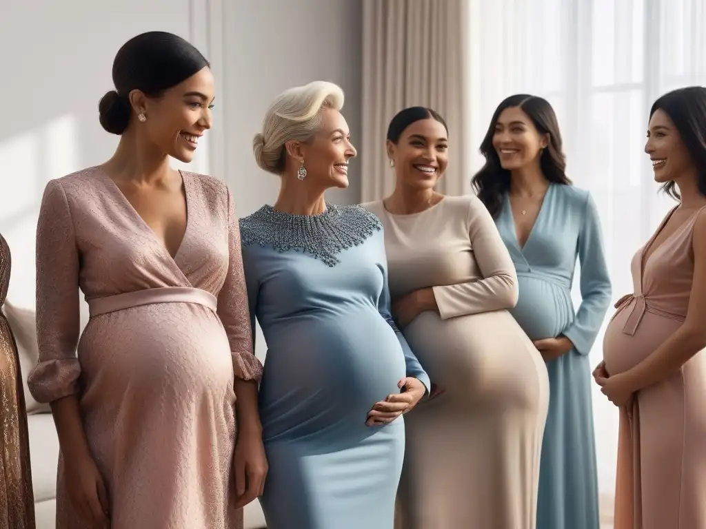 Encuentro de mujeres sonrientes en tienda de moda prenatal Un animado intercambio de ropa maternal familiar entre mujeres diversas en un salón moderno y acogedor