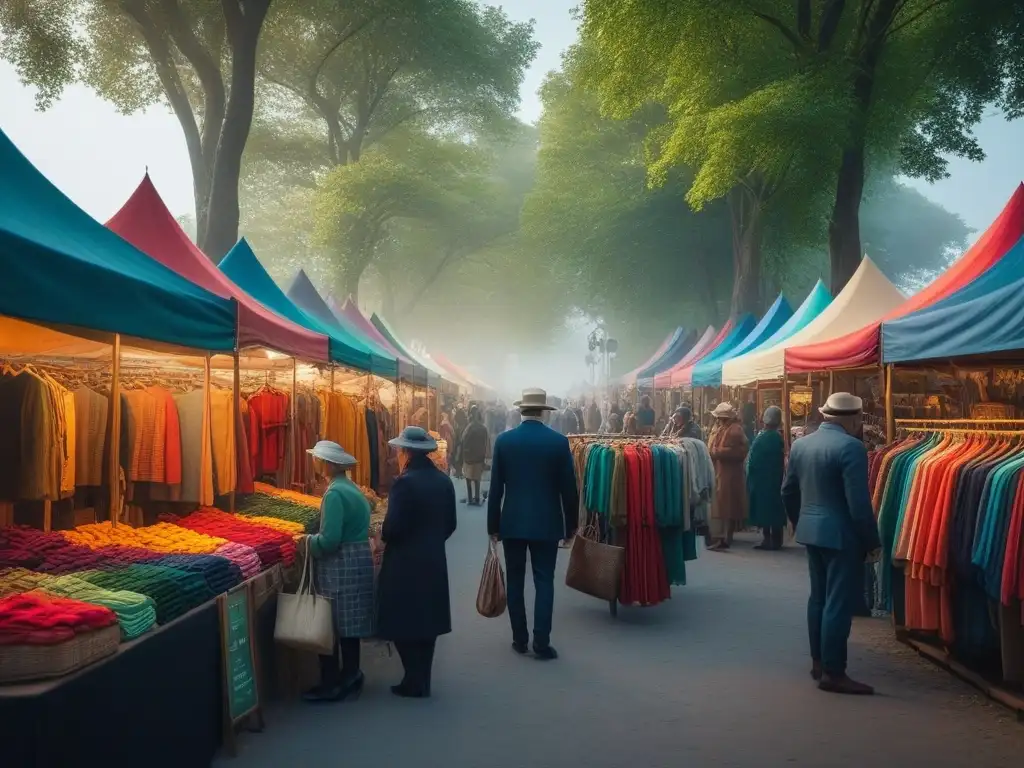 Mercado al aire libre: intercambio de ropa colorida y sostenible Un animado mercado al aire libre donde las personas intercambian ropa, con un ambiente comunitario y ecoconsciente
