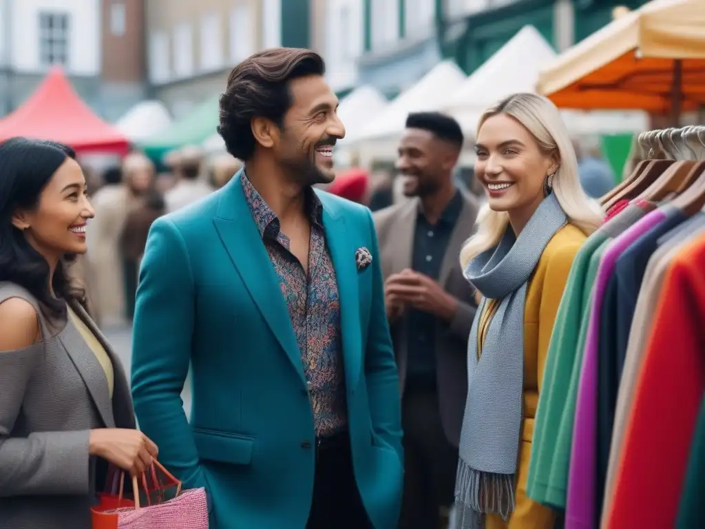 Mercado de intercambio de ropa: diversidad y sostenibilidad Un animado mercado de intercambio de ropa, donde personas diversas intercambian prendas sonrientes y felices