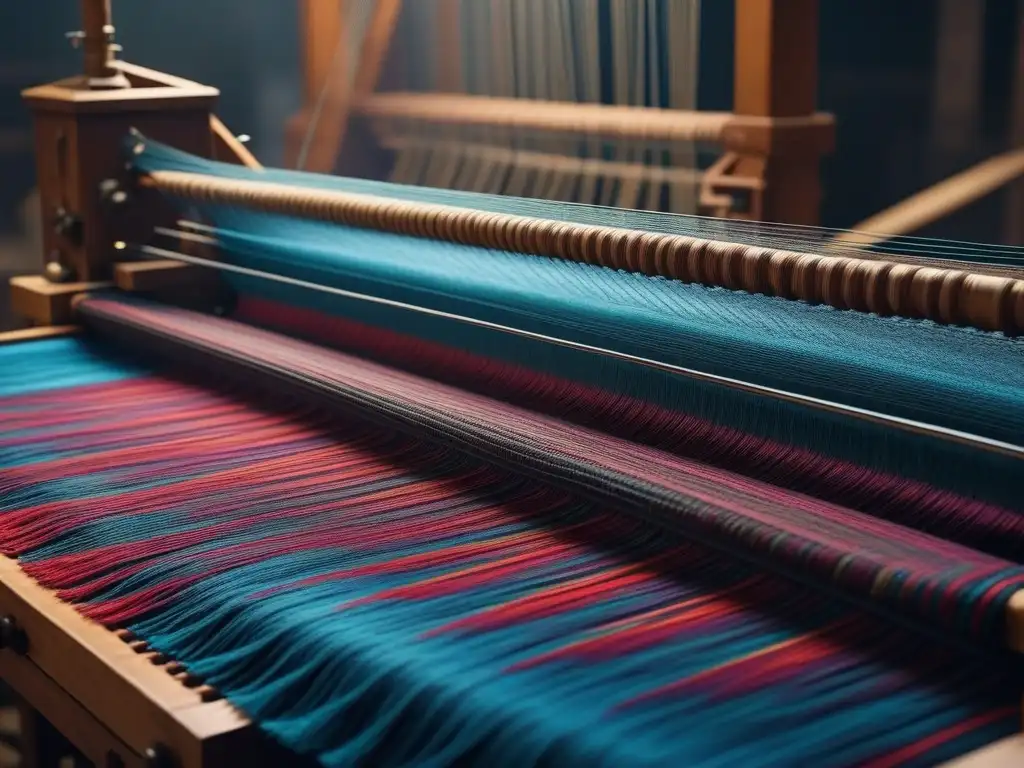 Tejido ancestral: colores vibrantes entrelazados en telar tradicional Antiguo telar en acción, tejiendo patrón vibrante