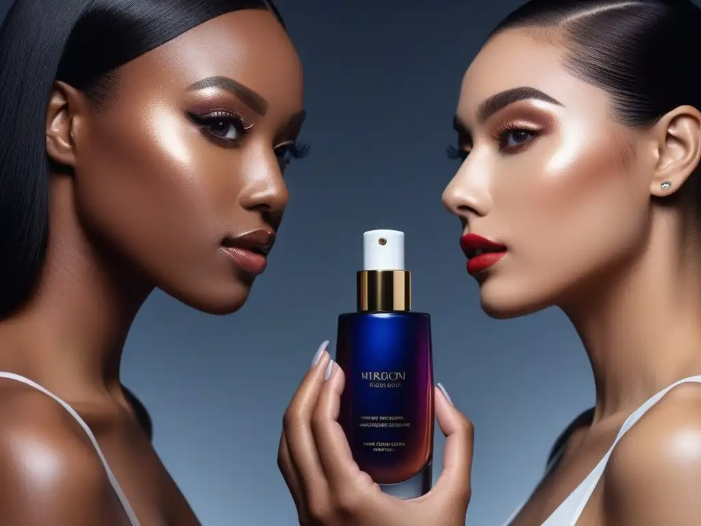 Anuncio cosmético futurista e inclusivo: belleza diversa y confianza Un anuncio cosmético futurista e inclusivo con diversos tonos de piel y cuerpos, reflejando avances cosméticos de lujo para todos