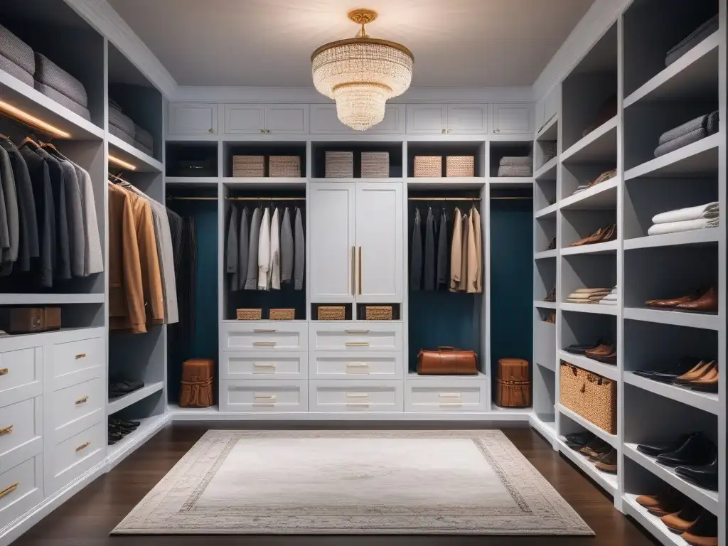 Armario de ensueño con organización impecable y estilo moderno Armario adaptativo con estantes y cajones personalizados, ropa ordenada por color y tipo