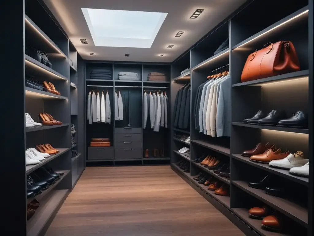 Armario organizado con elegancia y funcionalidad Un armario adaptativo en tallas especiales, ordenado con elegancia y funcionalidad, resaltando la organización impecable