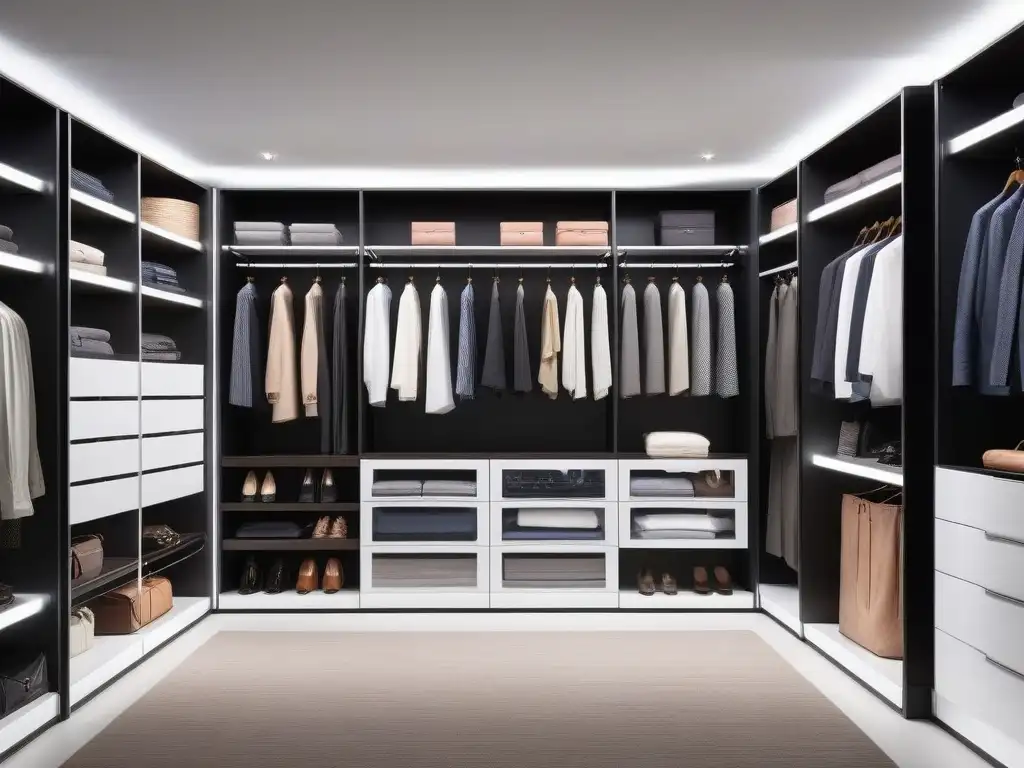 Armario para tallas especiales: organización impecable y diseño moderno Un armario adaptativo para tallas especiales, organizado con detalle y elegancia