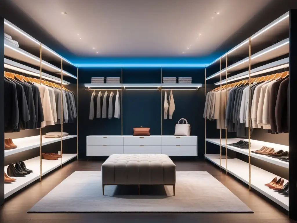 Walk-in closet moderno y espacioso con organización personalizada Armario amplio y moderno con estantes personalizados, ropa organizada de tallas especiales, perchas a juego y luces LED integradas