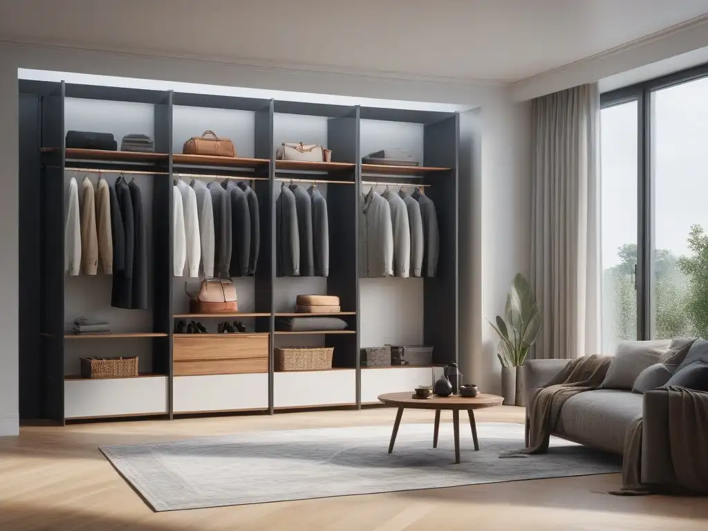 Armario blanco minimalista con colección de prendas atemporales Un armario blanco impecable con prendas monocromáticas ordenadas