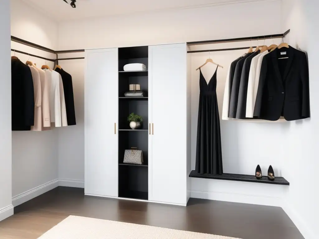 Guardarropa de maternidad minimalista: elegancia y estilo Un armario blanco minimalista con ropa maternidad minimalista y chic, iluminado por luz natural suave