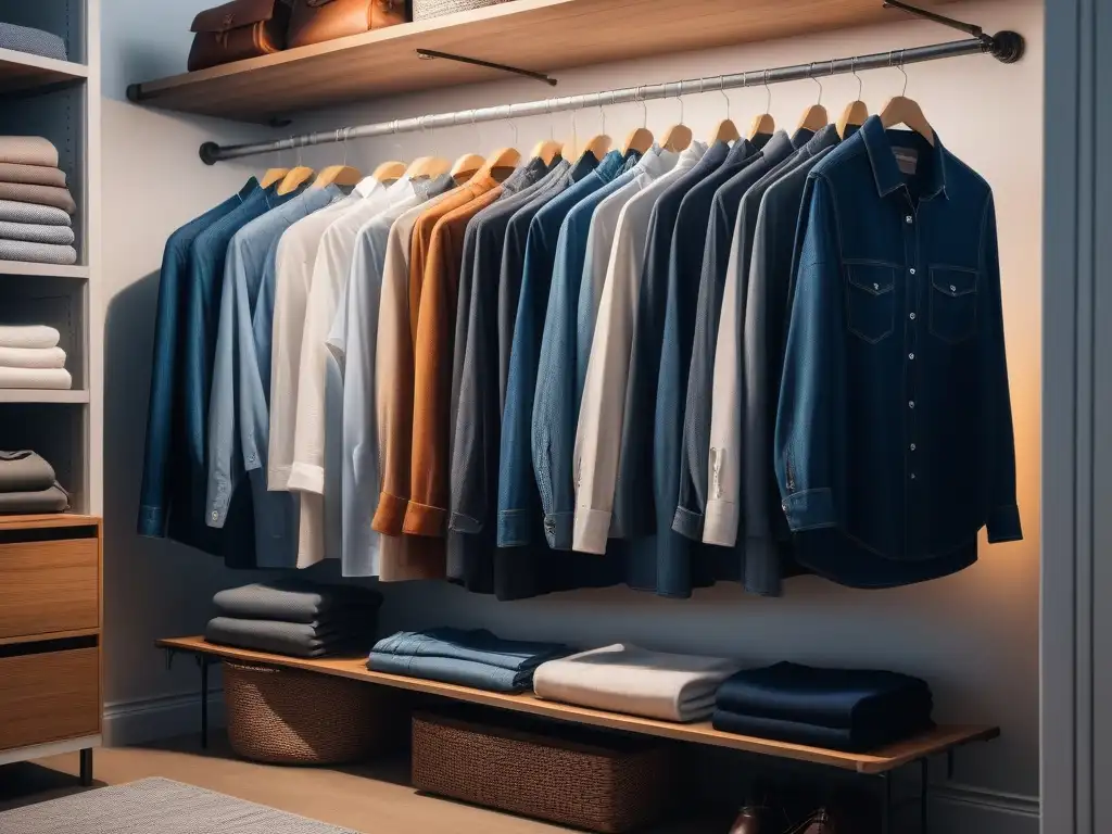 Armario sostenible y diverso: moda inclusiva ordenada Armario cápsula inclusivo sostenible con variedad de prendas organizadas y ecoamigables