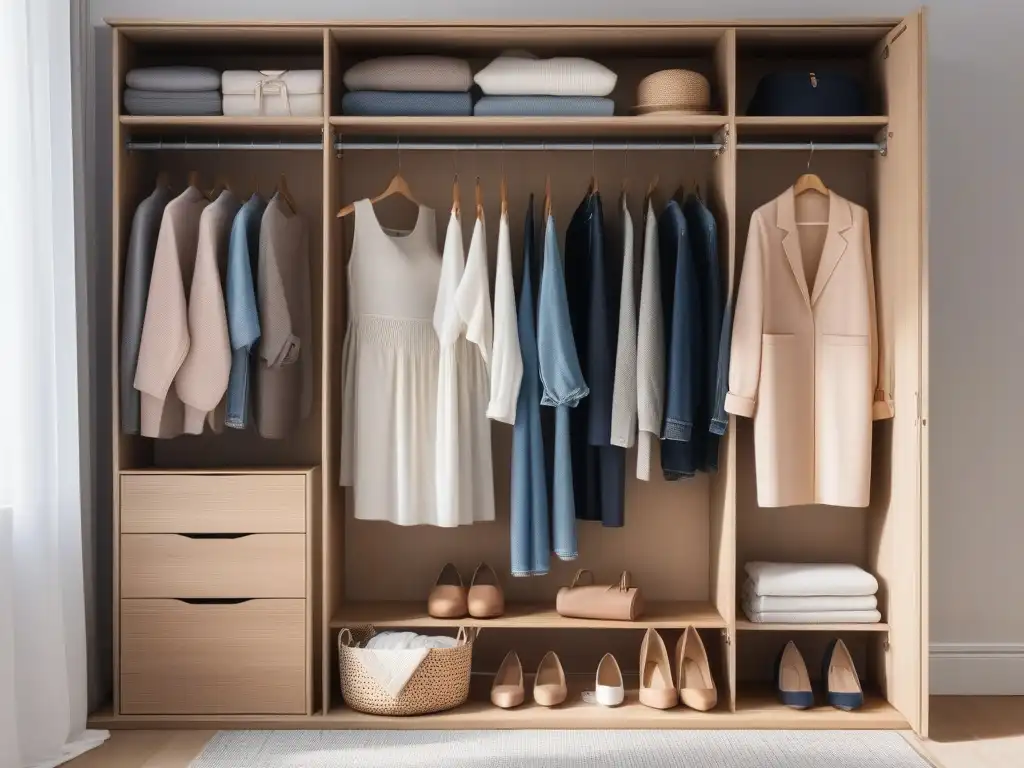 Guardarropa de maternidad minimalista y elegante Armario cápsula maternidad tallas: Imagen detallada de un armario sereno y organizado con ropa de maternidad en tonos pastel
