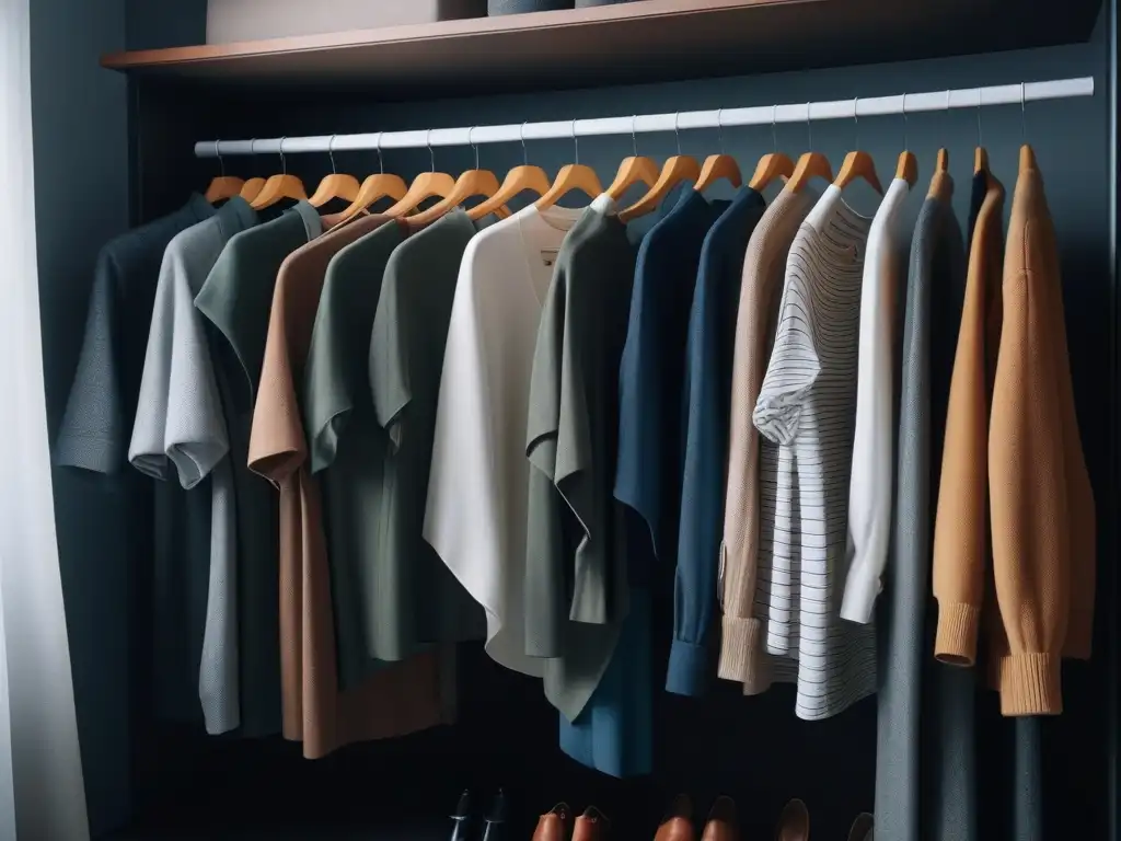 Guardarropa de maternidad minimalista: práctico y elegante Un armario cápsula de maternidad con tallas, minimalista y organizado, lleno de prendas esenciales en tonos suaves y neutros