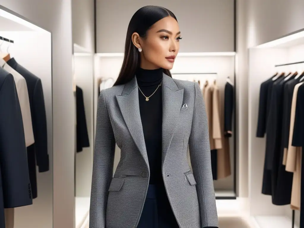 Elegante mujer probándose un blazer moderno en boutique de moda Renovar armario con elegancia: mujer petite prueba blazer chic en probador de boutique