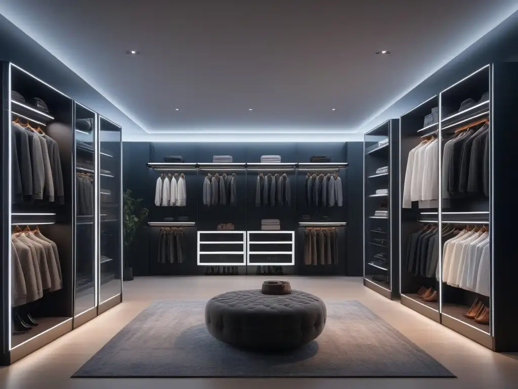 Armario inteligente de lujo: tecnología y estilo fusionados Un armario de ensueño con domótica para estilo y comodidad, fusionando moda y tecnología en un ambiente elegante y minimalista