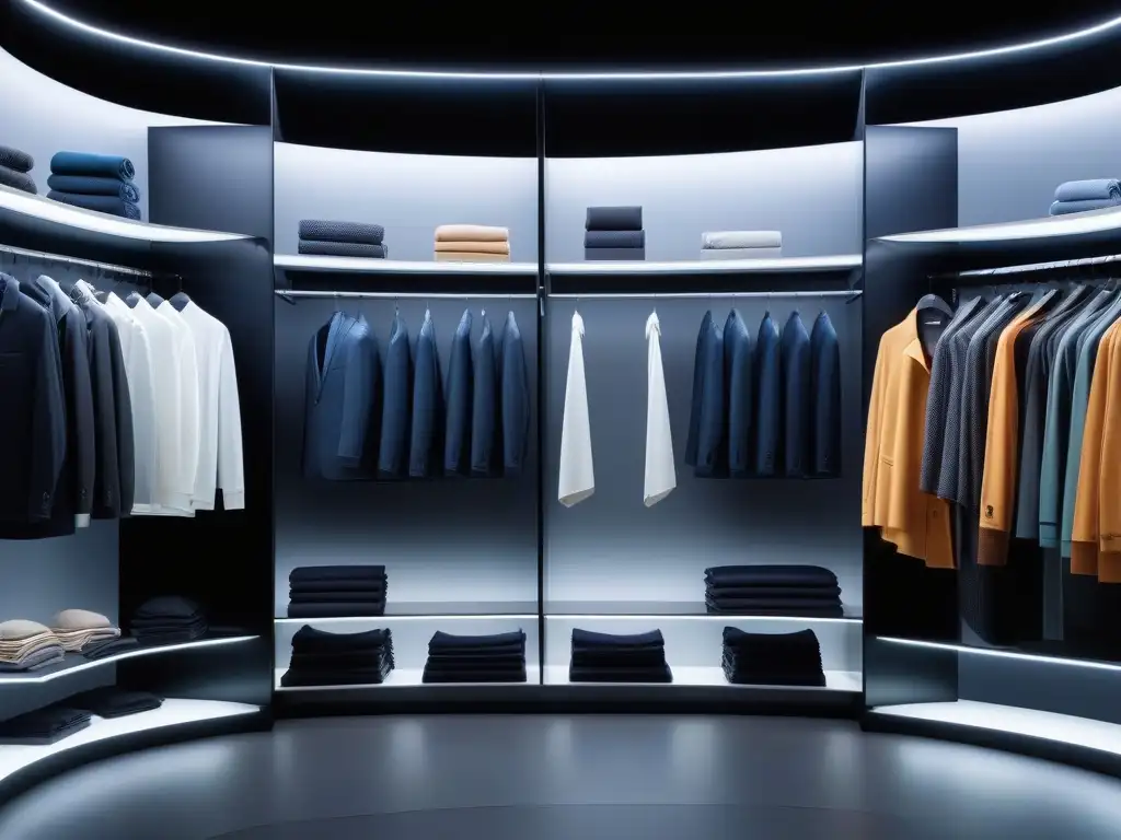 Armario futurista con textiles inteligentes y sostenibles Un armario futurista lleno de ropa tejidos adaptativos duraderos, en un ambiente tecnológico y minimalista