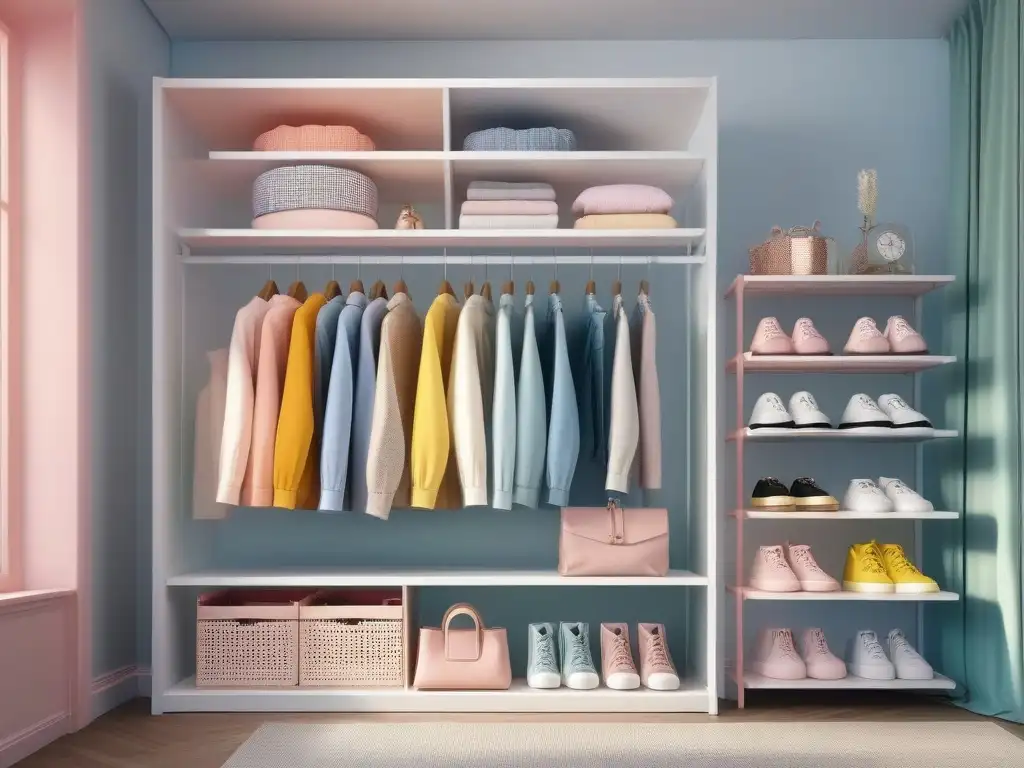 Armario infantil elegante y funcional con ropa miniatura organizada Un armario infantil funcional y elegante con ropa de niños petite ordenada, en tonos pastel y vibrantes