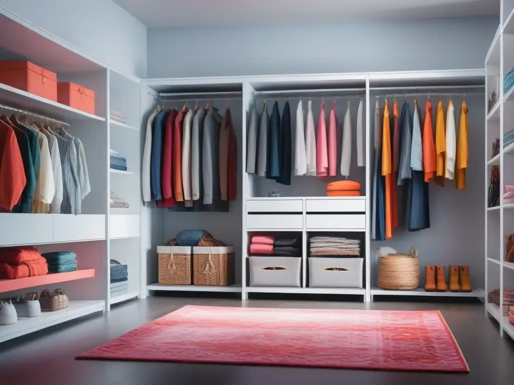 Armario infantil moderno y organizado: ¡Estilo y diversión en cada detalle! Armario infantil moderno y organizado con contenedores coloridos, percheros y decoración a la moda