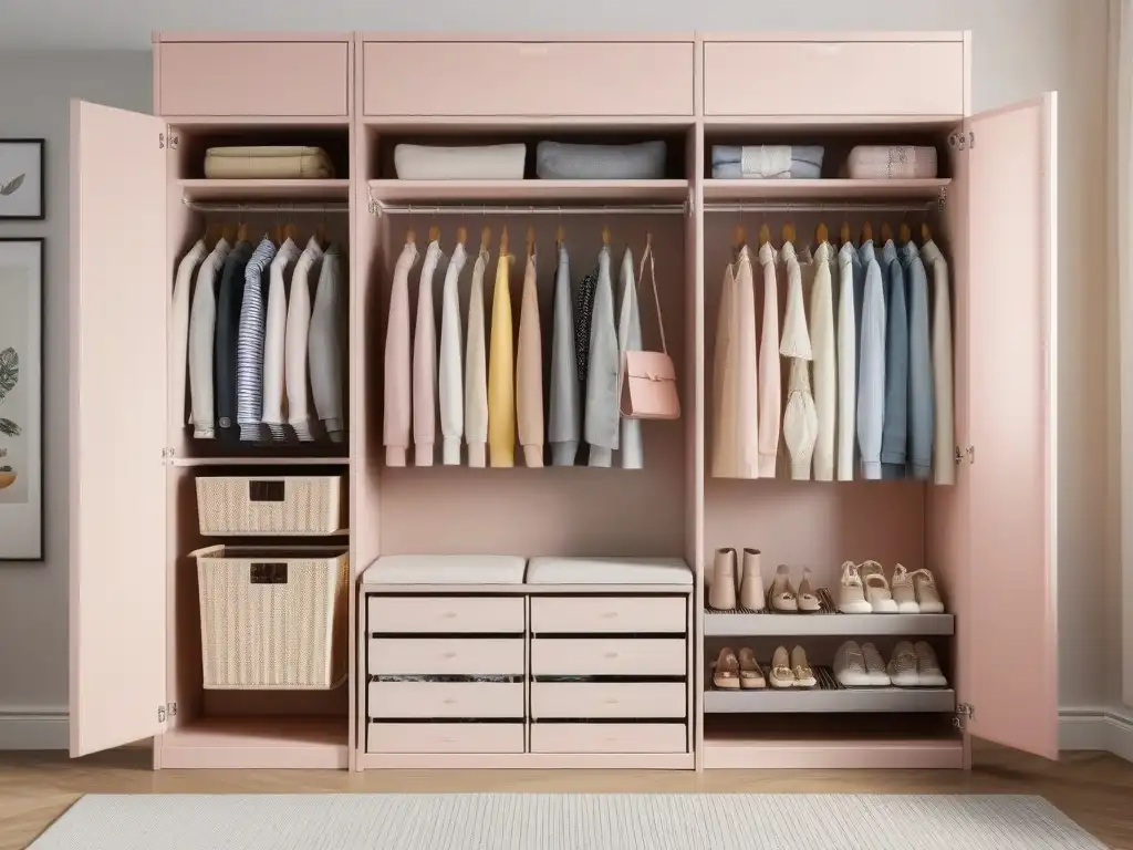 Armario infantil organizado y minimalista: ¡todo en su lugar! Un armario infantil organizado y duradero con estantes etiquetados para tops, bottoms y accesorios en tonos neutros y pastel