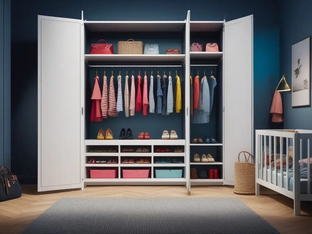 Armario infantil organizado: colores vibrantes y estilo trendy Armario infantil bien organizado con moda colorida y diversa para inspirar a padres a organizar armario hijo moda diversidad