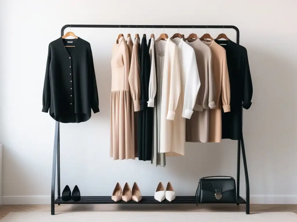 Ropa de maternidad sostenible: elegancia en neutros Armario cápsula maternal sostenible con piezas versátiles en tonos neutros y elegantes, exhibidas en un elegante perchero minimalista