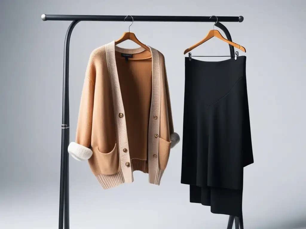 Moda sostenible para embarazadas: cápsula minimalista Armario cápsula maternal sostenible con prendas versátiles en tonos tierra y pasteles, exhibidas en un elegante perchero minimalista