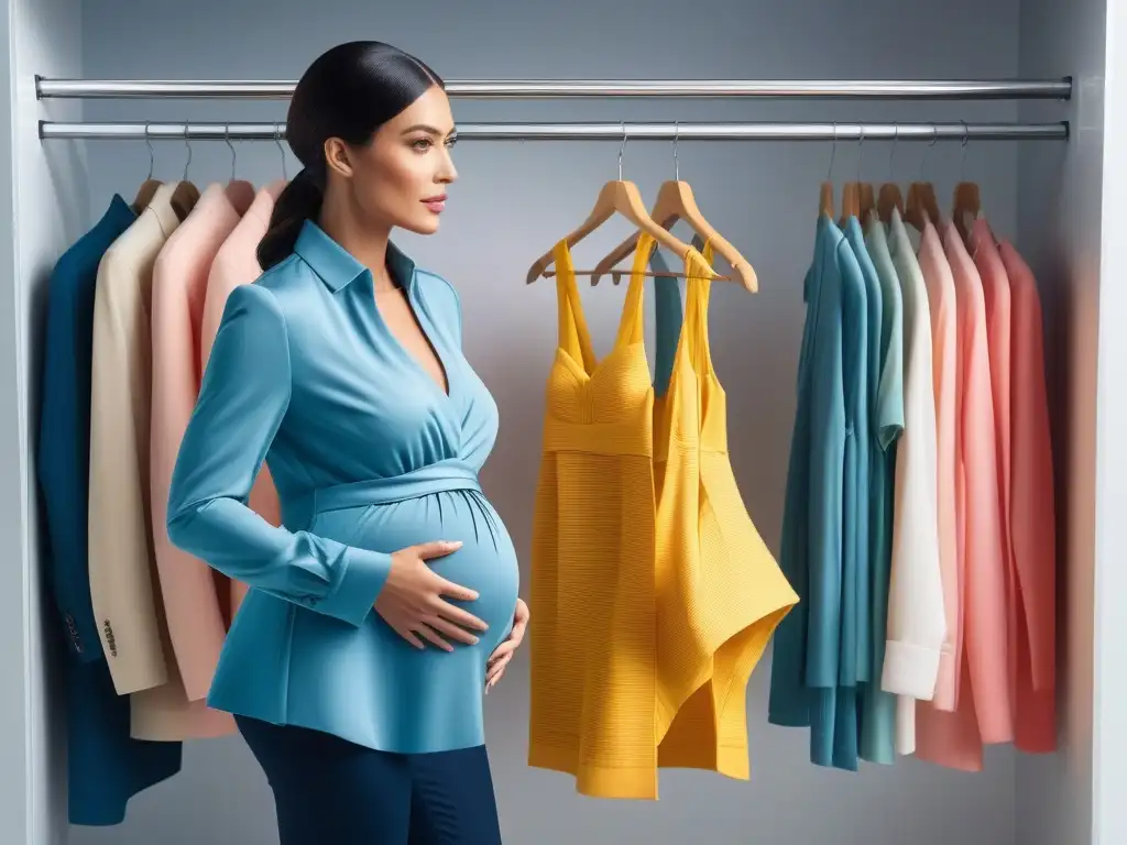 Armario de maternidad organizado: colores que inspiran felicidad Un armario de maternidad organizado con ropa de colores según el estado de ánimo