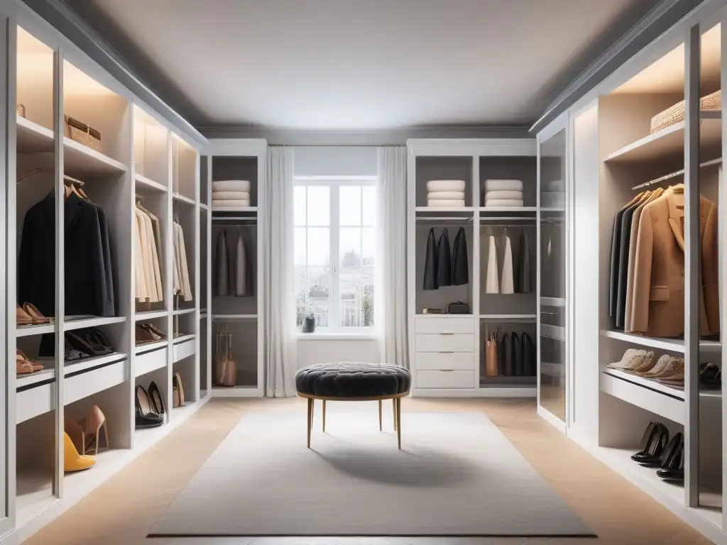 Armario de ensueño para chicas: moda petite y elegancia Un armario moderno y elegante exhibe una colección de moda petite, con estantes a medida y una iluminación suave