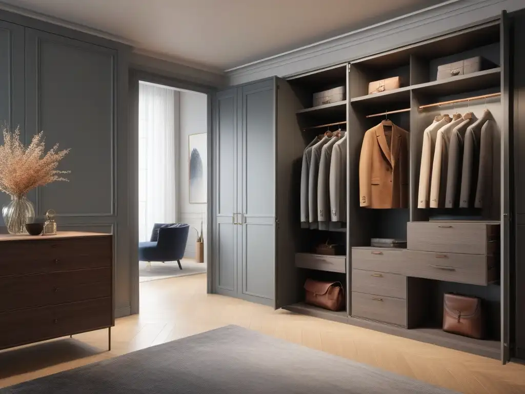 Armario elegante para altos: prendas a medida y versátiles Un armario moderno y elegante lleno de ropa para personas altas versátil y elegante, en tonos neutros y joyas