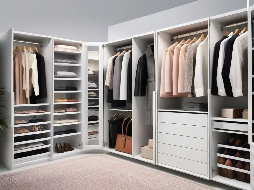 Organizador de armario moderno y eficiente para guardarropa pequeño Un armario moderno para prendas multifuncionales en armarios petite, eficiente y con estilo