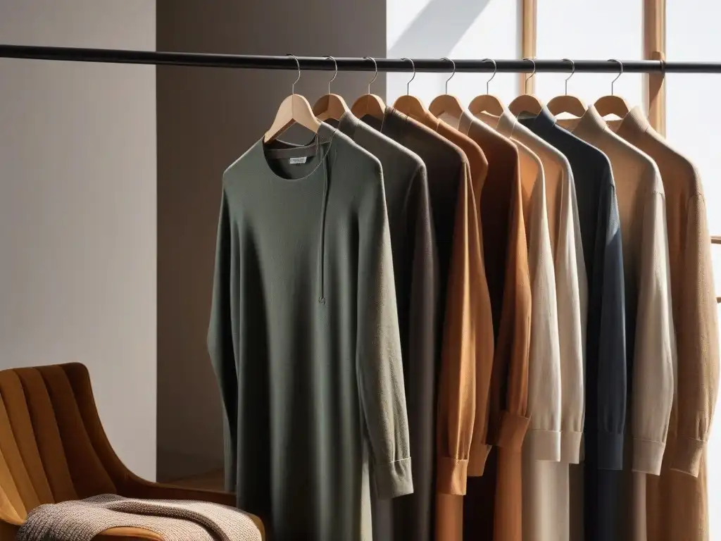Armario sostenible: moda eco en tonos suaves Armario moderno con ropa sostenible en tonos tierra, organizada y bañada por la luz solar