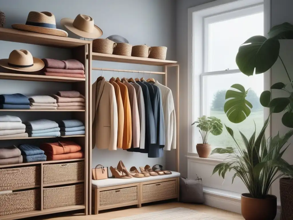 Armario primaveral: colores y orden en tu closet Un armario ordenado y sereno con ropa de primavera y verano colorida y bien organizada, consejos cambio armario transición suave
