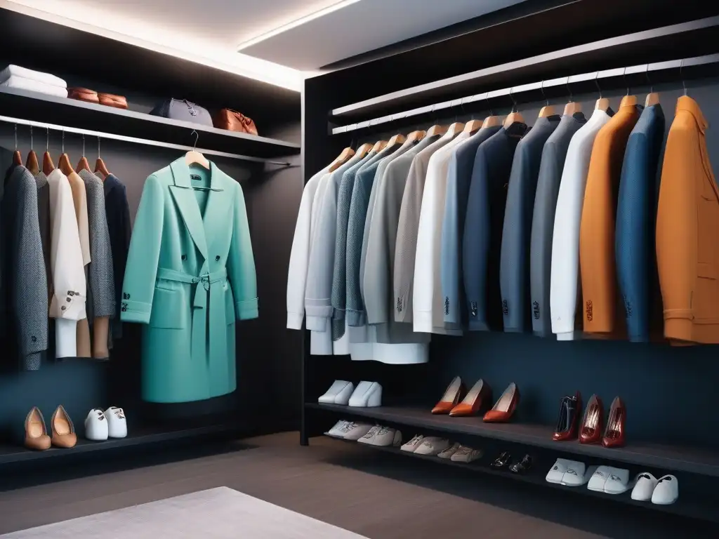 Armario organizado con elegancia para moda plus size en tonos vibrantes Armario plus size organizado con elegancia, resaltando colores y texturas