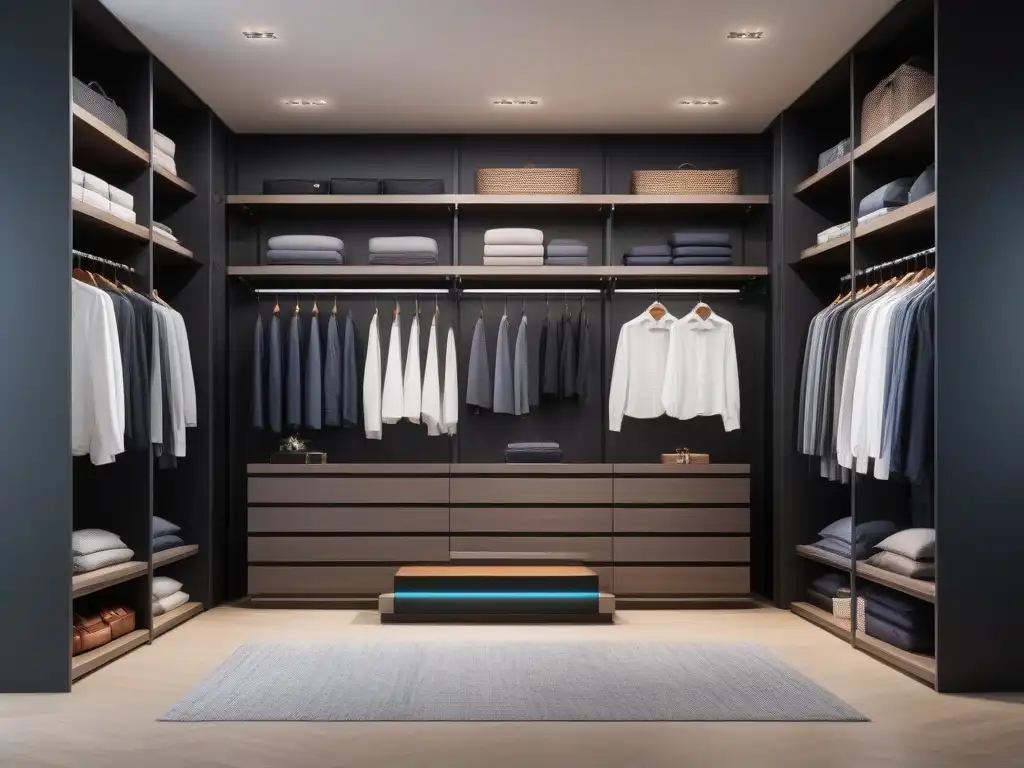 Armario elegante y funcional con organización impecable Armario organizado con estantes ajustables y perchas, prendas ordenadas por tamaño y color