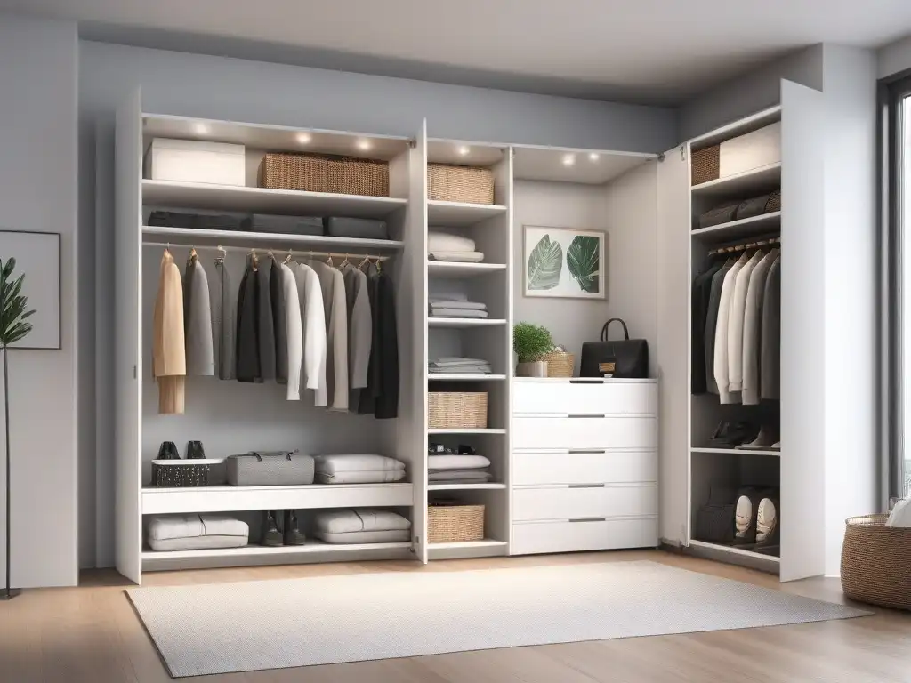 Organizador de armario elegante y moderno para espacios pequeños Un armario organizado y moderno con prendas multifuncionales en un espacio pequeño, ideal para armarios petite